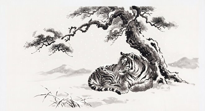 Traditional Japanese Ink Painting of a Tiger under a Pine Tree in Winter