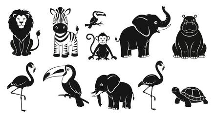 Naklejka premium Cute cartoon animal icons set black and white silhouette vector wildlife graphics collection for design zoo safari
