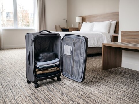 Open suitcase with folded clothes in a modern hotel room interior