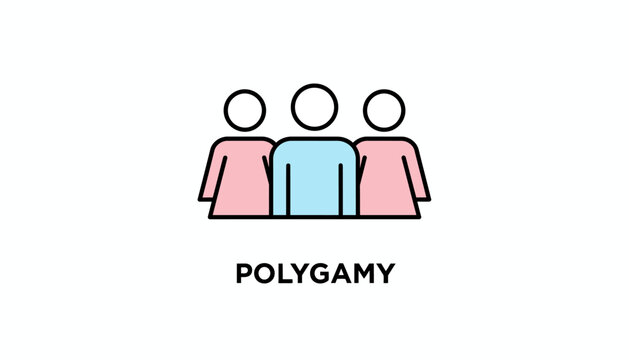Polygamy icon set. Modern thin line vector illustration. Blue and pink human characters symbolizing plural marriage relationship, group family, modern family structure