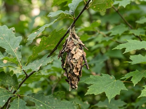 Bagworm moth larva case hanging on green tree branch