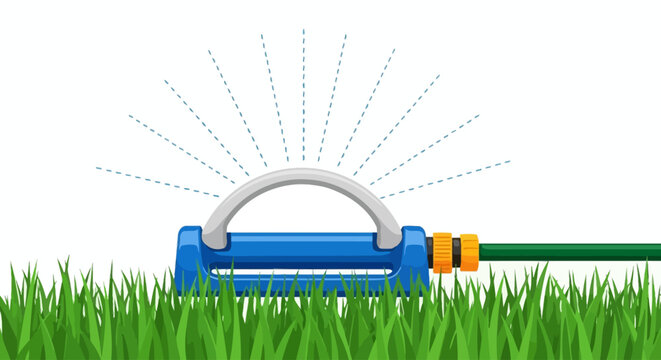 Fresh green grass with white background isolated vector illustration, lawn irrigation equipment and blue sprinkler water spray
