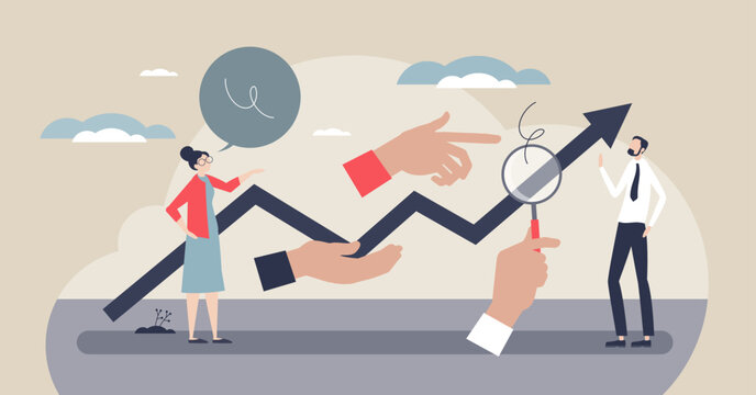 Leadership styles driving growth, leaders support, direct, and analyze progress with an upward arrow, magnifying glass, and pointing hands, symbolizing guidance and results. Tiny style