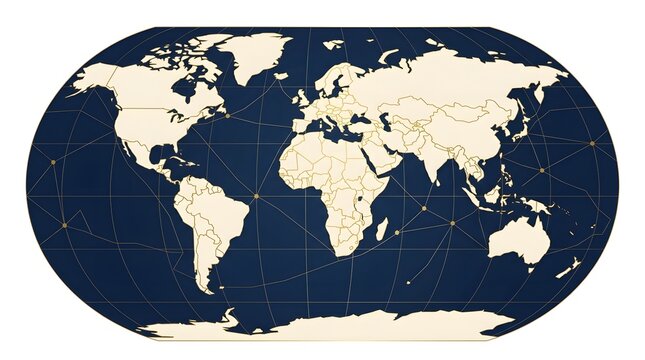 Abstract flat vector world map with interconnected nodes and thin lines on dark blue background