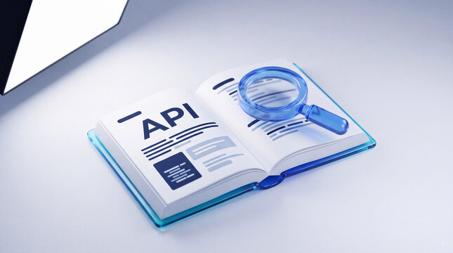 API documentation concept with open technical manual and magnifying glass for software development, integration research, data services and automation
