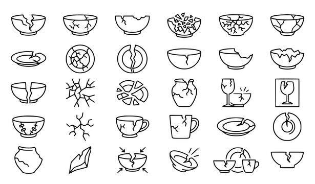 Broken Bowl Crack Fragile Ceramic Dish Monochrome Outline Vector Icon Set