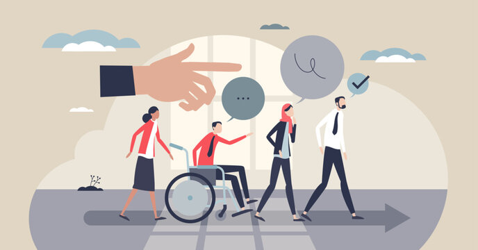 Leadership developmen vision guides a diverse team forward leader, diverse team, wheelchair on an arrow path with a pointing hand and speech bubbles. Tiny style