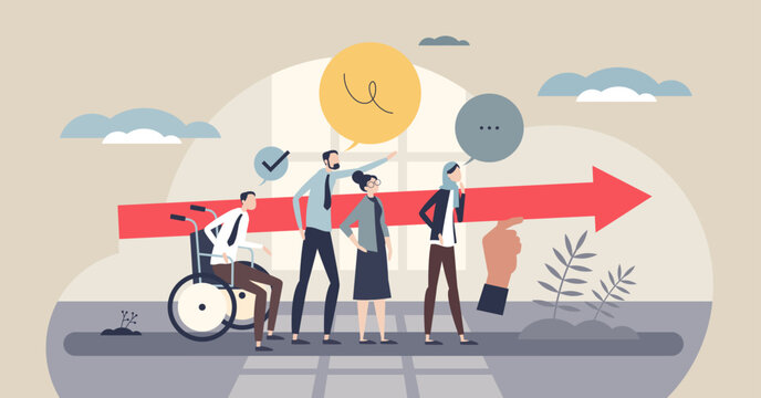 Team leadership guiding progress as a diverse group follows a red arrow, collaboration shown with speech bubbles and wheelchair. Inclusive direction and unity. Tiny style