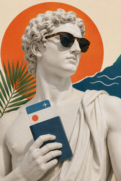Marble statue wearing tortoiseshell sunglasses holds a navy passport and boarding pass beside a palm leaf and orange sun circle