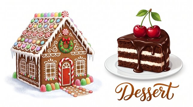 Decorative gingerbread house and chocolate dessert illustration