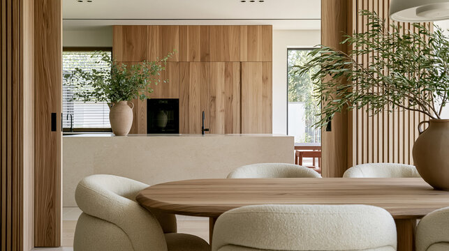 Contemporary home interior showcasing a clean, elegant aesthetic with natural materials, integrated kitchen appliances, and soft textures