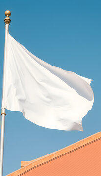 Empty white clear flag waving against clean blue sky, close up, isolated with clipping path mask alpha channel transparency, asian style. White tone