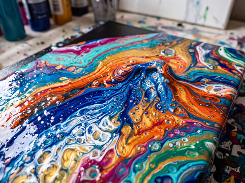 Vibrant acrylic paint pour swirling on a canvas creates dynamic liquid marble patterns with rich blue orange and gold pigments reflecting artistic creativity within a messy workshop environment