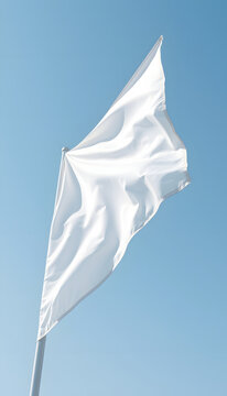 Empty white clear flag waving against clean blue sky, close up, isolated with clipping path mask alpha channel transparency, asian style. White tone