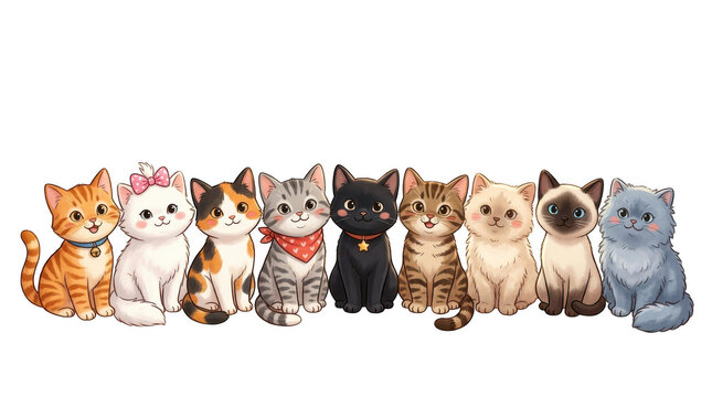 A row of cute cartoon kittens of various breeds and colors sitting together, isolated on transparent background