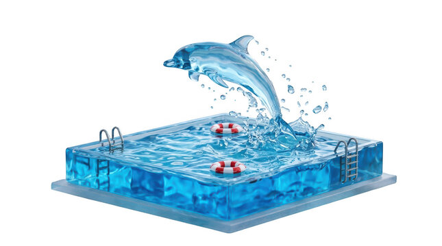A miniature swimming pool diorama featuring a transparent resin dolphin jumping out of the water, surrounded by small lifebuoys and pool ladders, isolated on transparent background