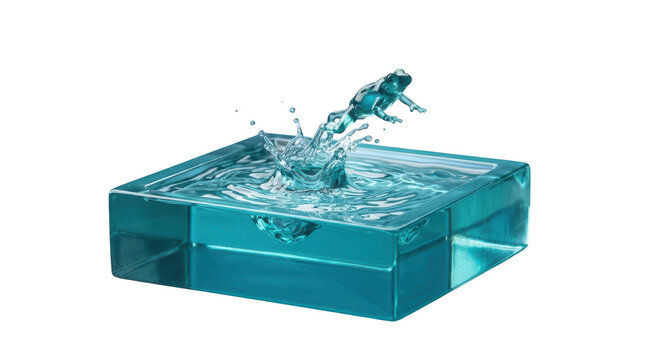A surreal conceptual image of a translucent blue glass frog jumping out of a square water container, creating a splash, isolated on transparent background