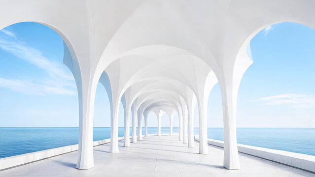 A minimalist white arched colonnade extends along a calm blue seaside, framed by clear sky and sea horizon.