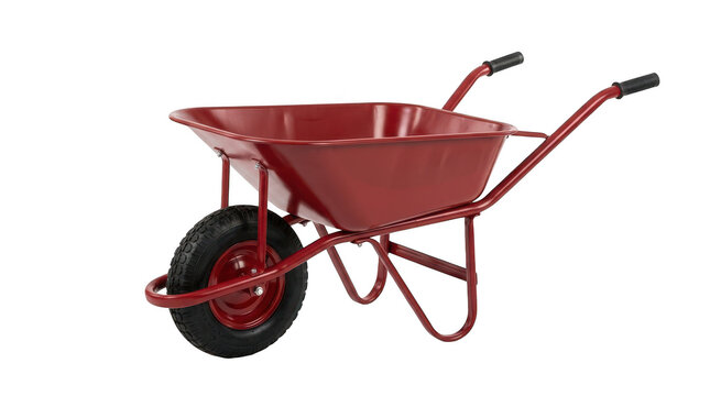 Red metal wheelbarrow for gardening and construction work isolated on transparent background