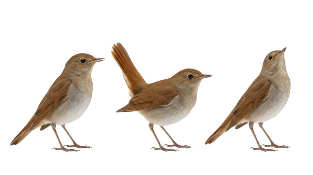 Three common nightingales isolated on transparent background