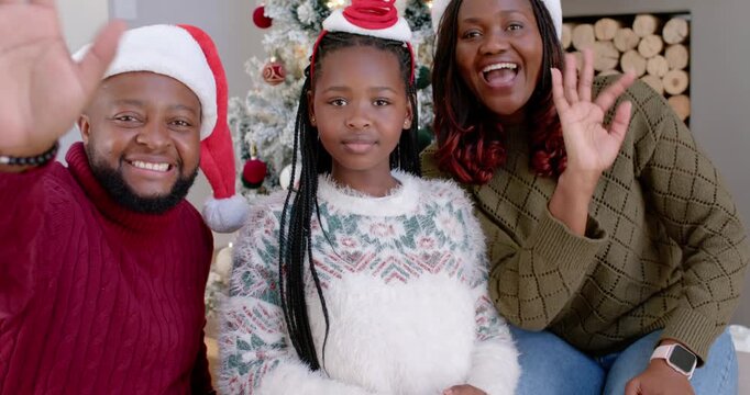African American family dad lifting arm, waving, blowing kisses to greet camera, panning up to tree