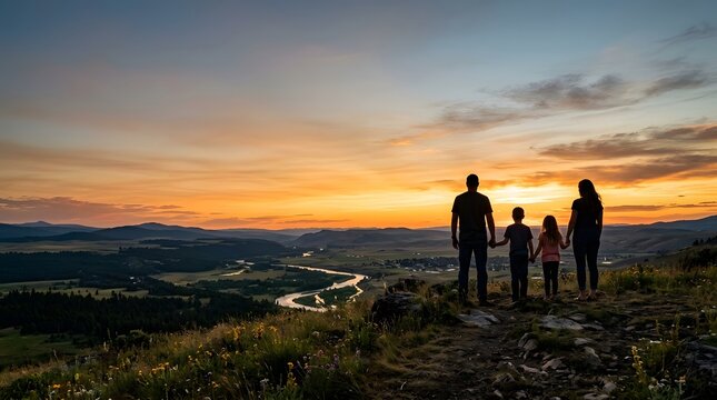 Silhouette of a happy family standing on a mountain peak looking at a beautiful golden sunset