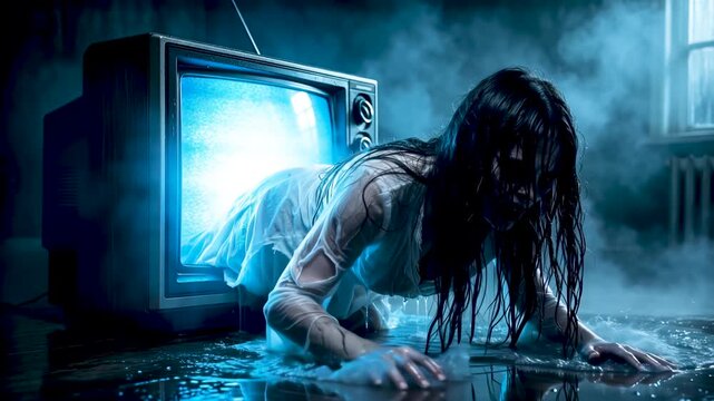 Scary ghost girl crawling out of old vintage television screen in dark room