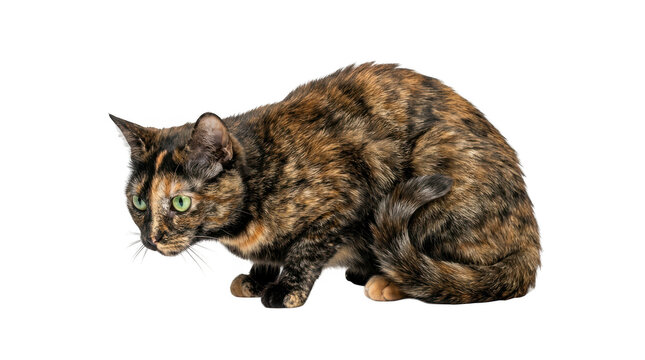 A tortoiseshell cat with green eyes crouching in a defensive or hunting posture, isolated on transparent background
