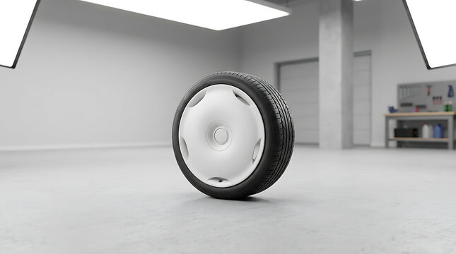 Close Up Of A Single Car Wheel And Tire Assembly Resting On A Concrete Floor In An Automotive Workshop