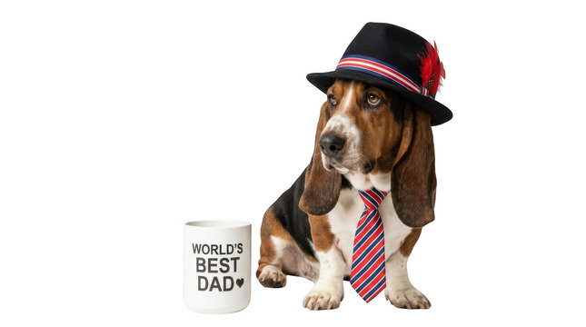 Basset hound dog wearing a fedora hat and a striped tie sitting next to a worlds best dad mug isolated on transparent background