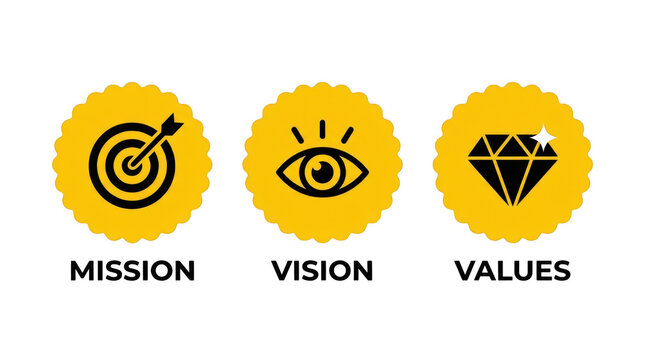 Mission vision and values icons set, business strategy concept, professional corporate identity symbols isolated on transparent background
