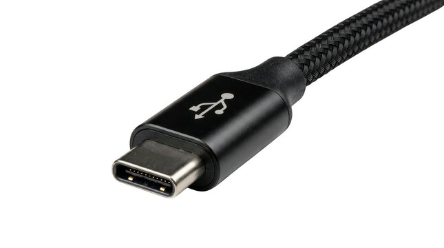 Closeup of a modern black usb typec connector cable with a braided nylon exterior, featuring the standard usb logo on the metallic housing, isolated on transparent background
