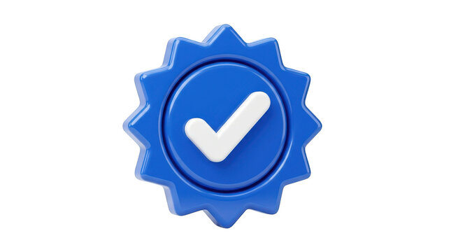 3d render of a blue glossy badge with a white checkmark symbol, representing verification, approval, quality assurance, or a successful task completion, isolated on transparent background