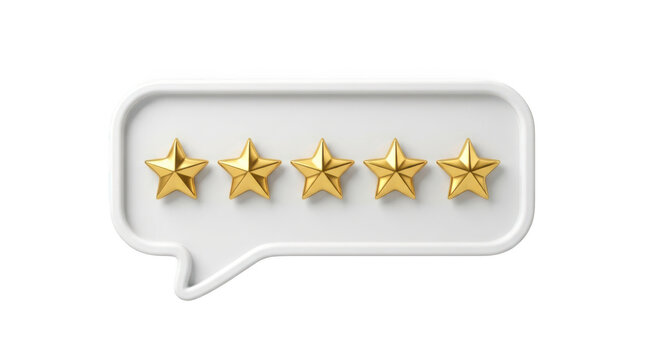 3d render of a white speech bubble icon containing five golden stars, representing a fivestar rating, review, or customer feedback, isolated on transparent background
