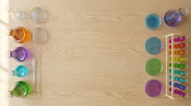Laboratory glassware with colorful liquids on a wooden table, top view with copy space for science experiment