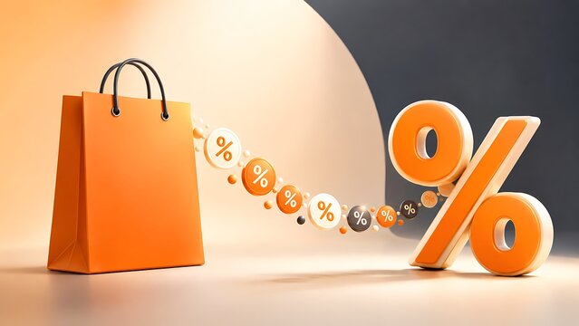 Orange Shopping Bag with Percentage Coins Representing Retail Discount Sale