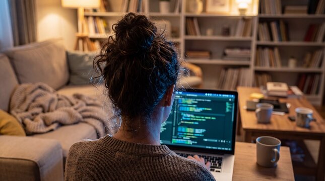 A woman working on computer code on a laptop in a cozy home living room with screen while sitting sitting dimly lit woman her hair hair bun types development with programming