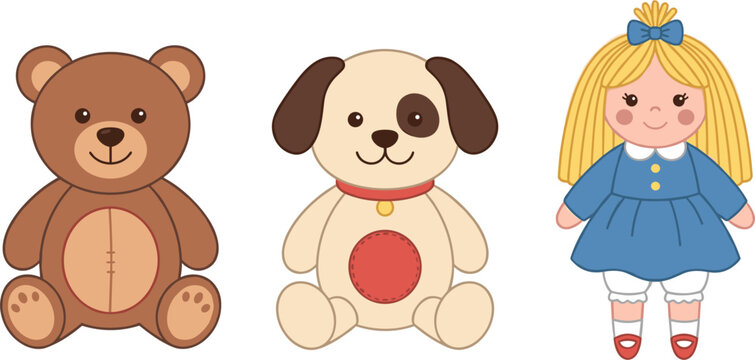 Cute Toy Vector Illustration Set Featuring Classic Brown Teddy Bear Spotted Stuffed Puppy Dog and Blonde Rag Doll with Blue Dress Elements for Kids