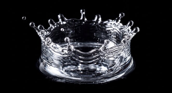 A detailed close up of a water crown splash isolated against a deep black background with liquid crown forms single drop hitting pool water with transparent, symmetrical