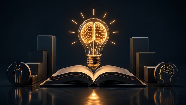 Brain Lightbulb Shining Over Open Book and Data Graphs for Learning Analytics