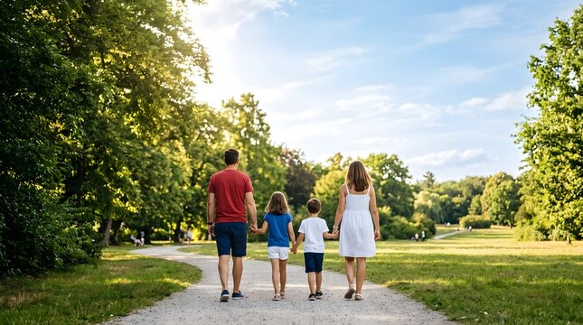 A happy family of four walking together on a path in a sunny green park during summer
