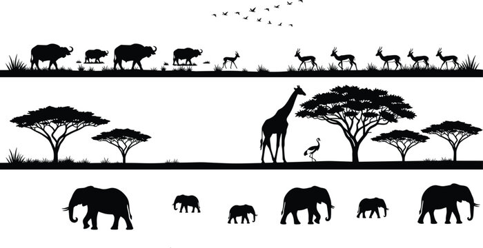African safari landscape silhouettes, wildlife panorama collection, savanna animal scenes, black vector border bundle for designers