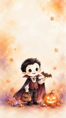 Fototapeta premium Watercolor halloween child with vampire costume holding bat candy bag, jack o lantern, autumn leaves, cute trick or treat night, spooky holiday celebration, copy space design copy space