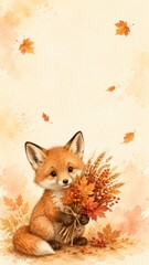 Naklejka premium Watercolor thanksgiving fox holding autumn bouquet with fall leaves, cute animal in vertical design. seasonal celebration, harvest theme, greeting card, festive decor, cozy art copy space
