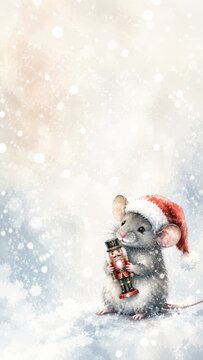 Watercolor christmas mouse in santa hat holding nutcracker on snowy pastel background. holiday celebration, festive illustration, winter design, cute pet art, joyful season. copy space