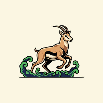 Stylized illustration of a springbok antelope leaping over decorative waves.