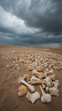 Whale Bones Scattered on Namibian Desert Dunes Under Stormy Skies