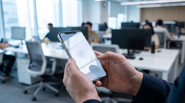A close up view of a person holding a smartphone with a blank screen in a modern office with professional office environment working bright professional hands while working