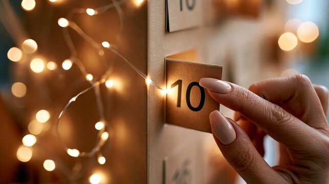 A woman's hand with manicured nails gently pulls open a numbered flap on an advent calendar, illuminated by warm fairy lights creating a cozy, festive atmosphere.