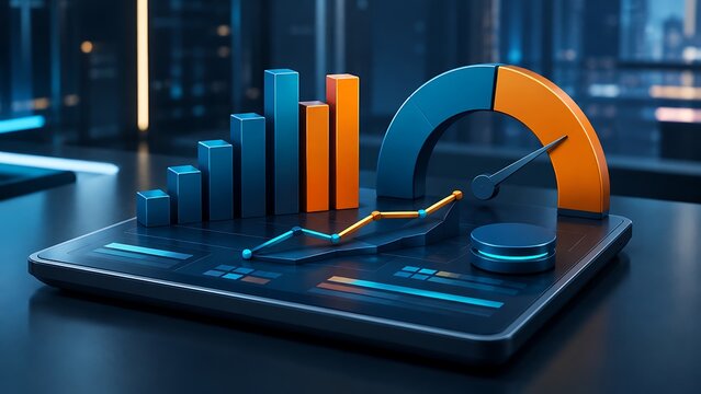 Futuristic 3D Business Analytics Dashboard with Bar Chart Line Graph and Speedometer